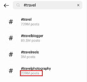 sample of finding Instagram trending hashtags using search bar