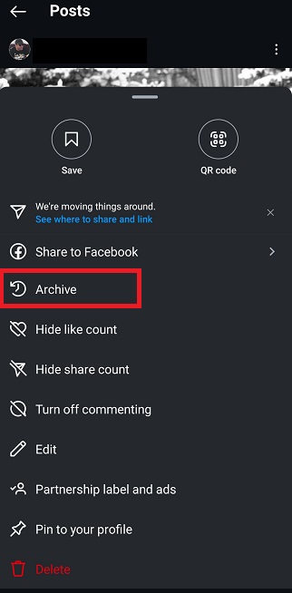 How to Archive Instagram Post: Tap on Archive